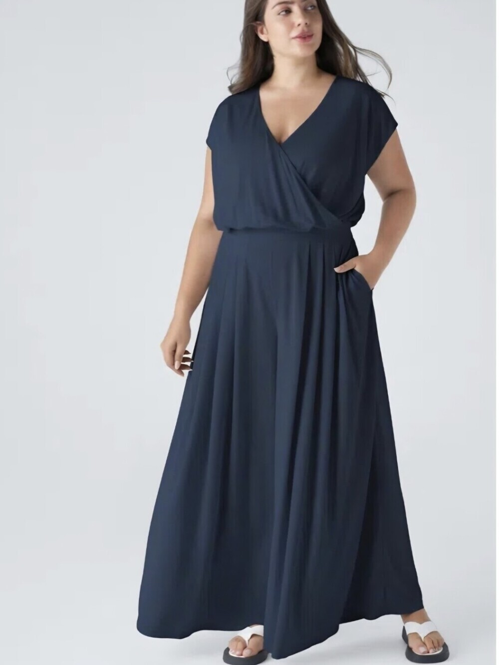 Halara V Neck Short Sleeve Wide Leg Flowy Waffle Casual Jumpsuit Navy Blue XL